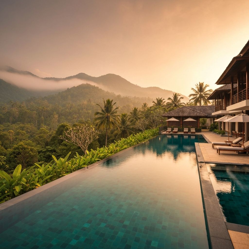 Luxury resort in Kerala with infinity pool overlooking tropical greenery